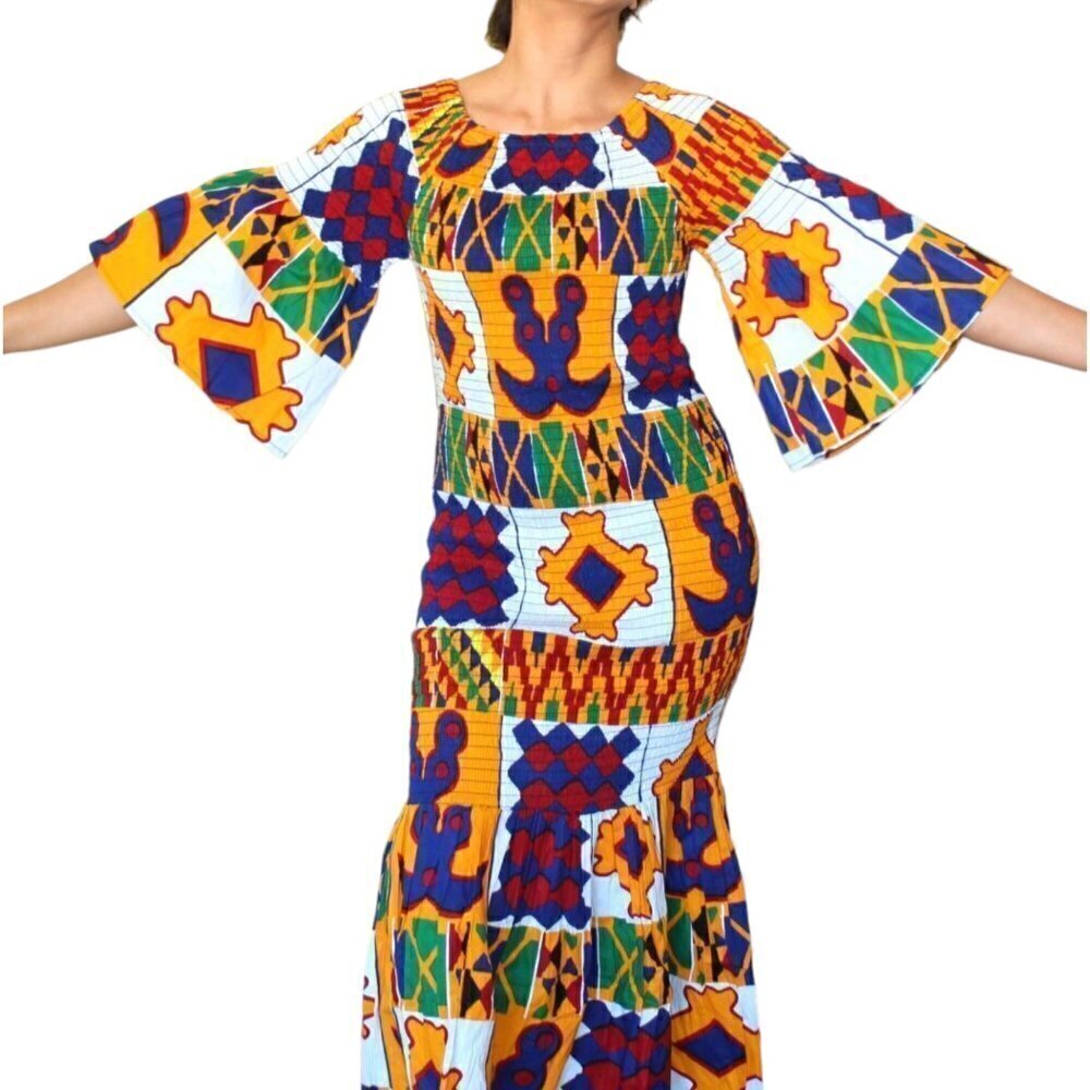 Handmade African mermaid multicolor ruffled trumpet Maxi dress Size M stretch - Picture 6 of 12